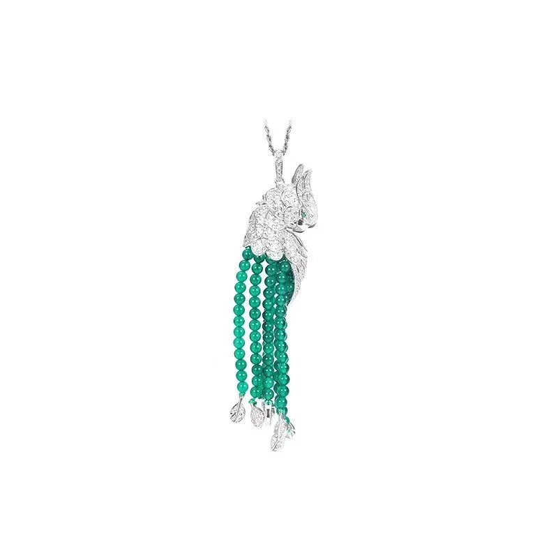 

925 Sterling Silver Green Beads Tassel Earrings Necklace Clavicle Chain Parrot Bird Pendant National Necklaces For Women