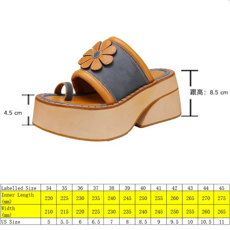 Fujin 8.5cm Sandals Luxury Designer 8.5cm Women Ethnic Appliques Genuine Leather Summer Platform Clip Toe Slippers Slides