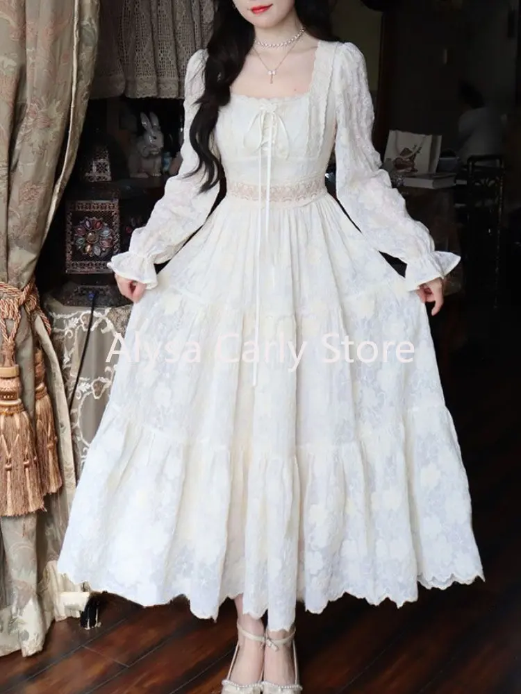 Elegant Vintage Fairy Dress Women 2023 Summer Long Sleeve Casual Princess Dress Female Court Retro Even Party Dress Korean Style