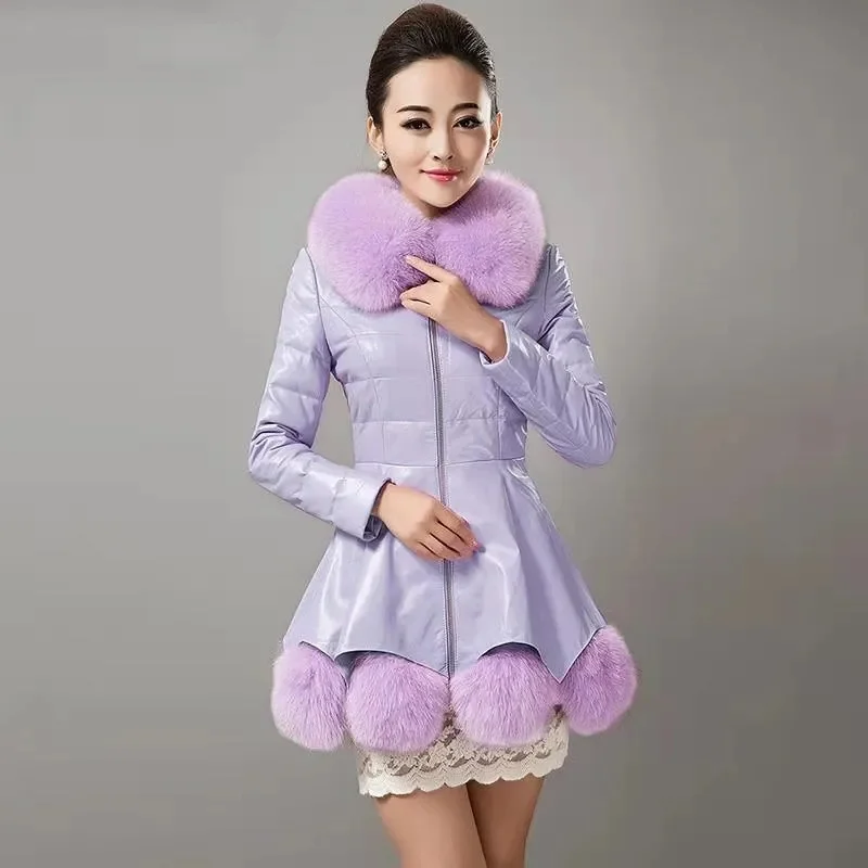 2025 Winter New PU Leather Jacket Faux Fur Coat Women\'s Thick Warm Cotton Jacket Long Slim Oversize Leather Coat Fur Collar Coat