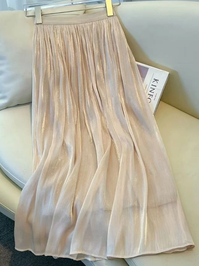 White Shiny Half Skirt Women's Spring Summer 2026 New Style A-Line Pleated Umbrella Skirt High Waist Polyester High Elasticity