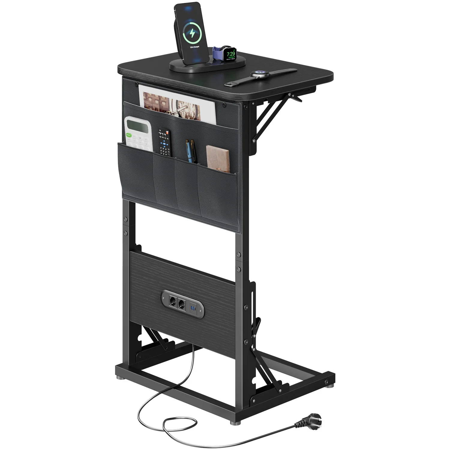 Mesa pequeña para computadora portátil en forma de C, escritorio plegable con tomacorrientes, mesa auxiliar para sofá con bolsa de almacenamiento para sala de estar, dormitorio