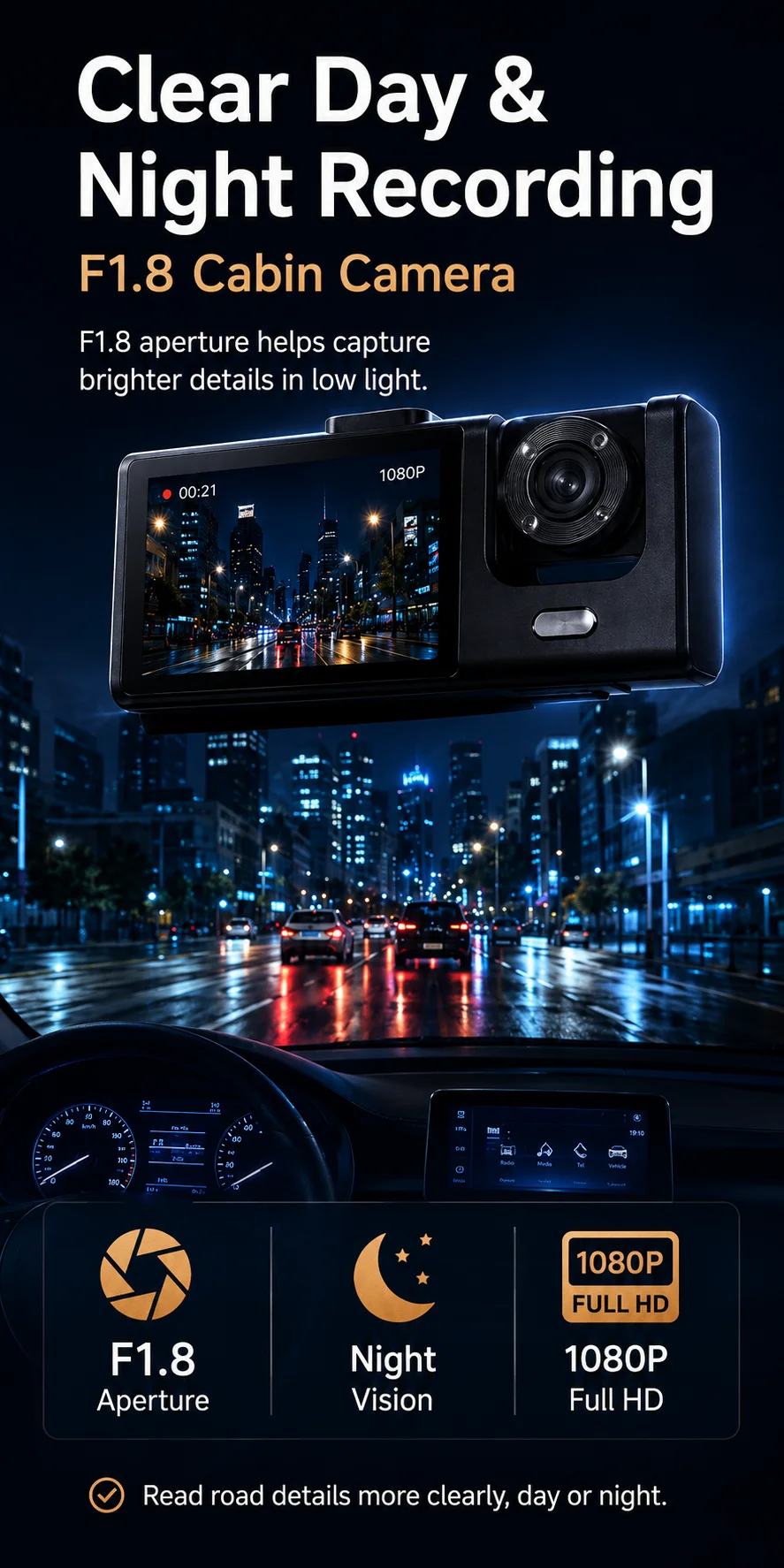 3 Channel Dash Cam 1080P Front Rear Inside Camera 170 Degree Wide Angle Night Vision Loop Recording G-Sensor Rear Camera Car DVR