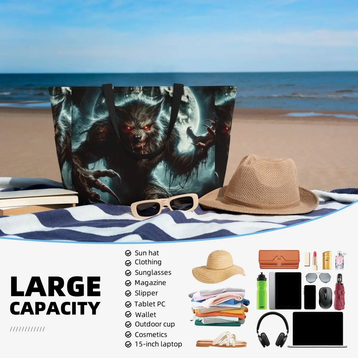 Bolso de mano de hombre lobo en el luz de luna para playa, bolso de mano grande para deporte, gimnasio, Yoga, bolso de viaje para mujer, bolso de Fitness