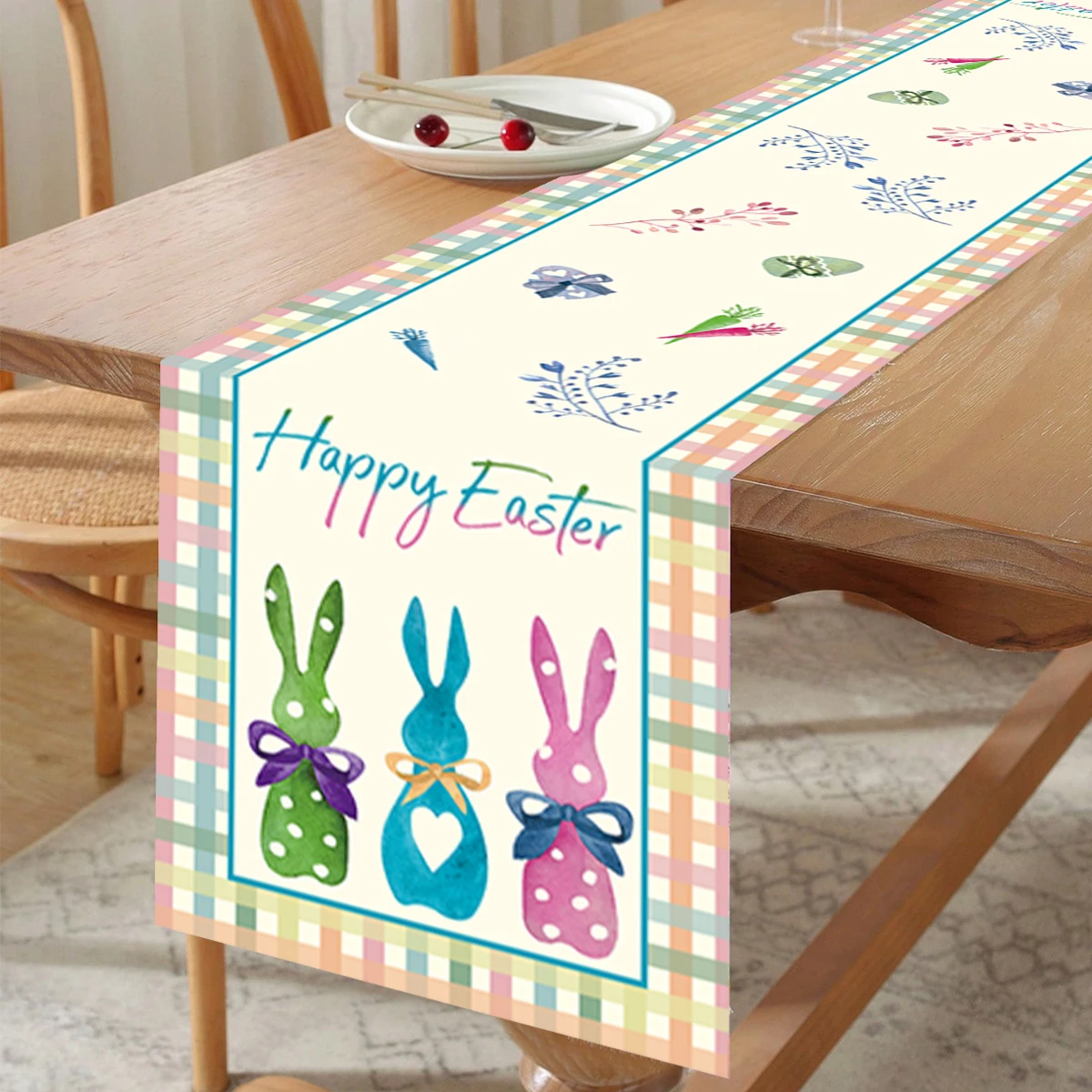 35x180cm Easter Table Runner Watercolor Bunny Eggs Table Runner Happy Easter Decor for Kitchen Dining Table Home Party Decor