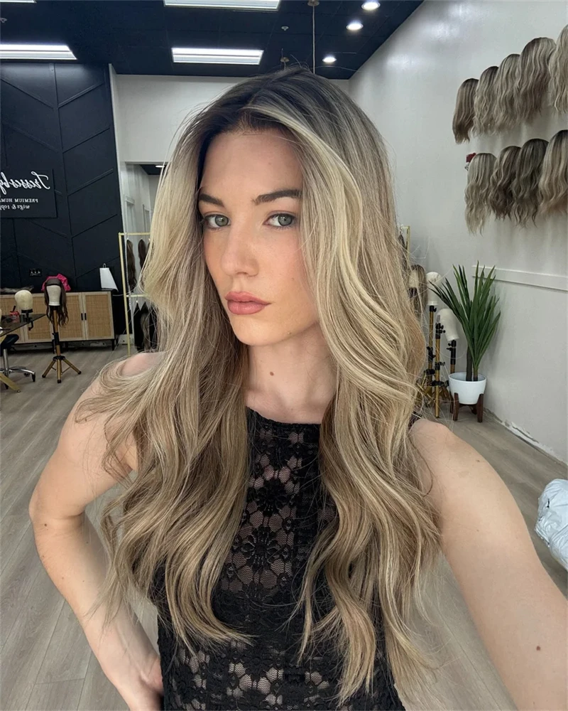 

Brown Blonde Highlighted Synthetic HD Lace Front Wig Long Wavy with Dark Roots Glueless Style for Women