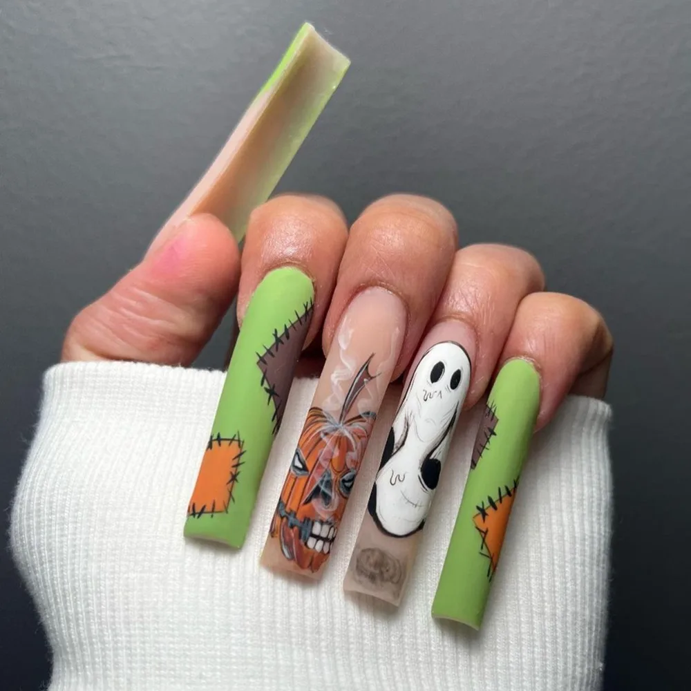 Halloween Long Water Pipe Fake Nails Long Length Square Head Press on Nails Wearable Manicure Full Cover False Nail Women