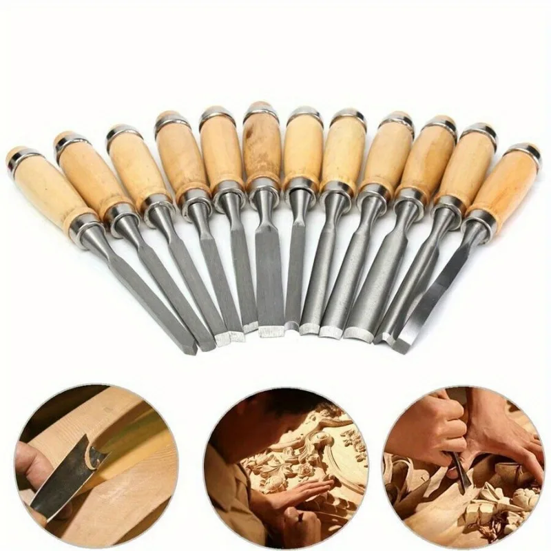 12-piece professional wood carving chisel set with comfortable grip, sharp carbon steel tools for detail work and craftsmen