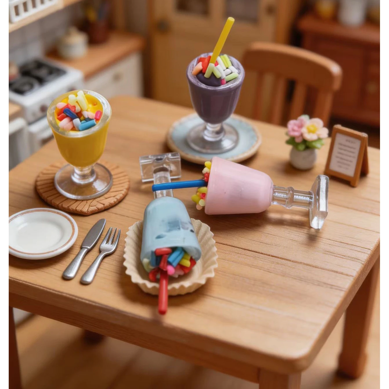 4 Stück Miniatur-Milchshake-Becher als Spielzeug, Mikro-Skala-Szenenornamente, Puppenhaus-Dessertladen-Dekorationen – Detail 4