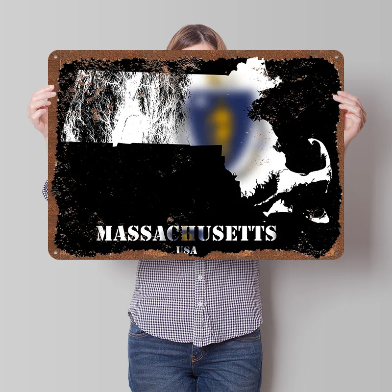 Massachusetts USA Unitd States Printed Poster Customized Wall Art Retro Vintage Metal Tin Signs for Room Bathroom Decor Man Cave