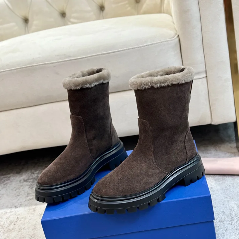 Givencci Flannel Snow Boots For Women Anti-Skid Chunky High Heels Platform Thick Sole Slip On Short Plush Wool Botas De Nieve