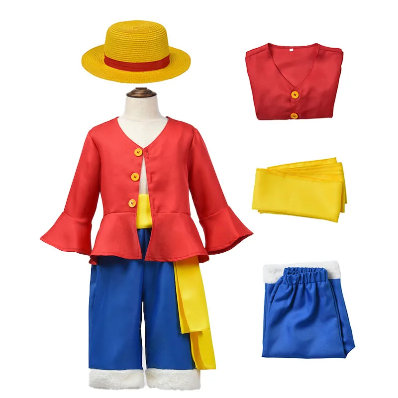 Anime Monkey D Luffy Full Set Cosplay Costume for Boys Halloween Carnival Outfits Children Straw Hat Coat Pants Belt Suit