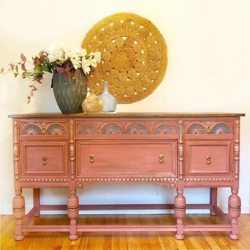 Retro light pickup French retro solid wood carving flower entrance cabinet retro pink decorative cabinet household wall locker