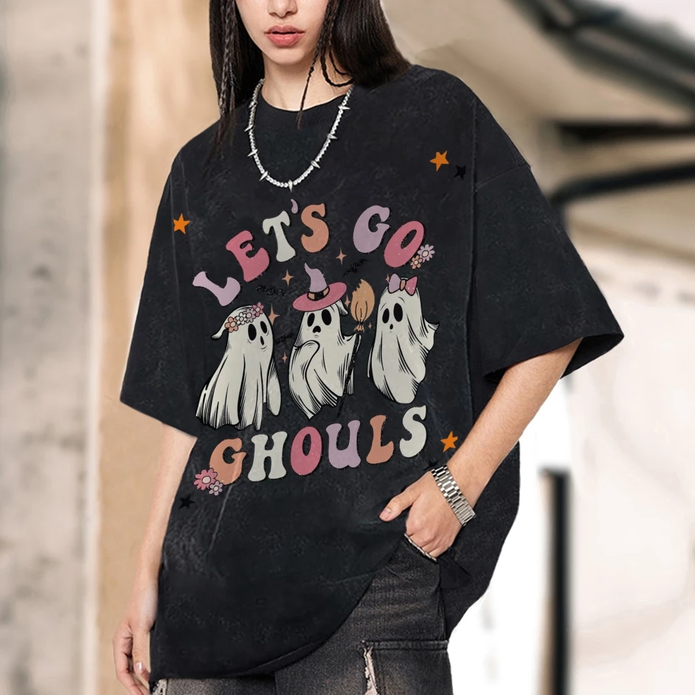 

Vintage Halloween T-Shirt y2k Shirts Let's Go Ghouls Shirts cute spooky Ghost Tees Fall Season Women's Halloween Costumes Shirt