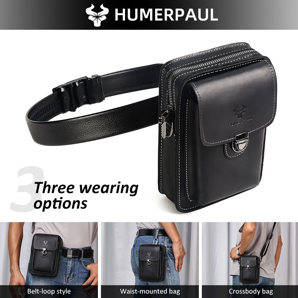 Men's leather leisure belt waist hanging mobile phone wallet multi-function lock multi-pocket single shoulder crossbody bag