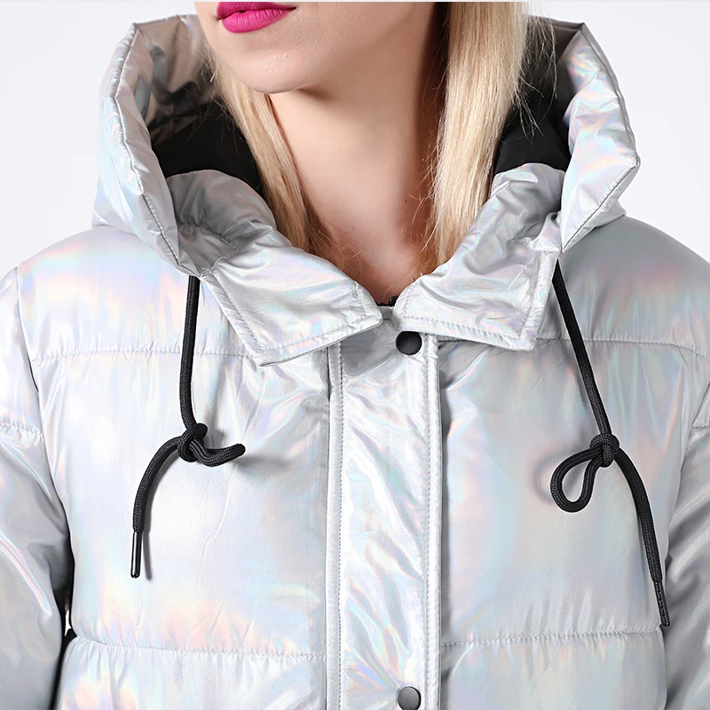 Chaqueta larga acolchada con purpurina holográfica plateada para mujer, abrigo de invierno con capucha, Parka gruesa de plumón, novedad de 2022