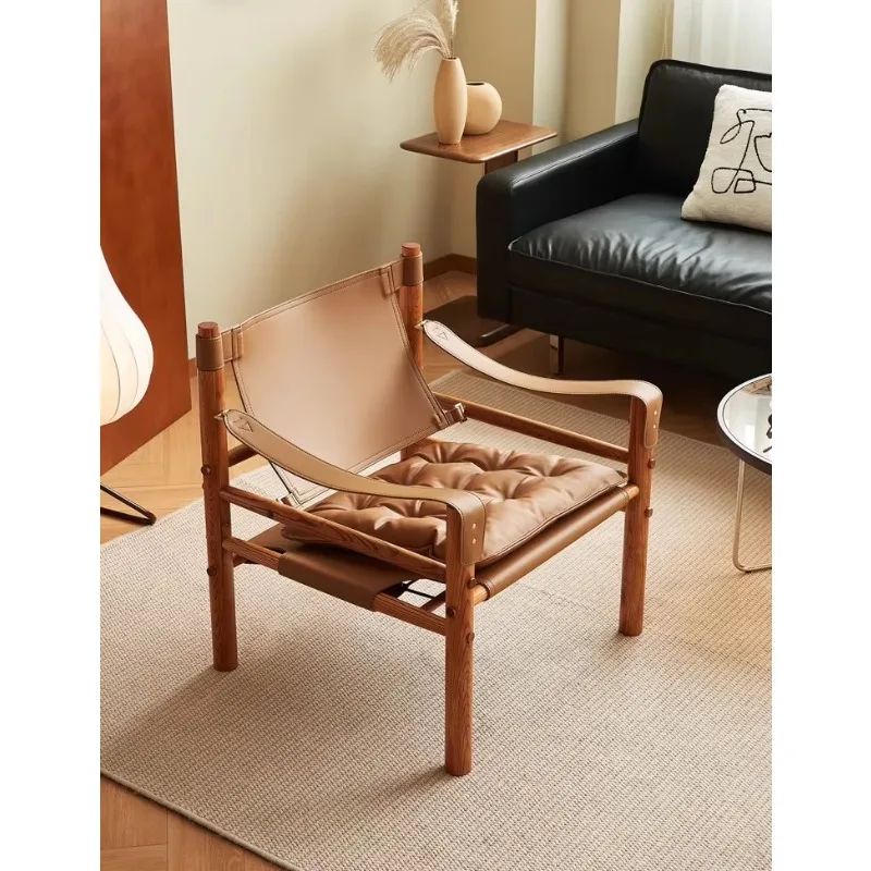 الشمال الرجعية خشب متين كرسي أريكة واحد غرفة المعيشة شرفة السرج الجلود مصمم الرماد الخشب كرسي من الجلد البني #3