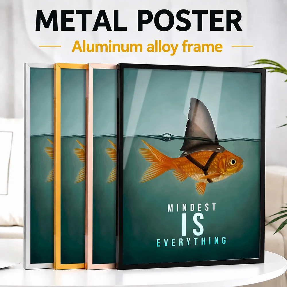 Mindset Is Everything Shark Fin Goldfish Metal Poster With Aluminum Alloy Frame Customized Surreal Wall Art For Office Reception