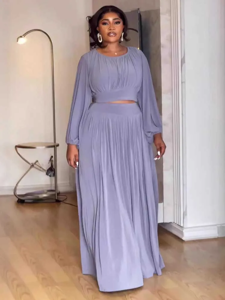 

2026 Summer New Women's Fashion Casual Round Neck Gaul Long Sleeve Short Top High Elasticity Large Skirt Skirt Two Piece Set