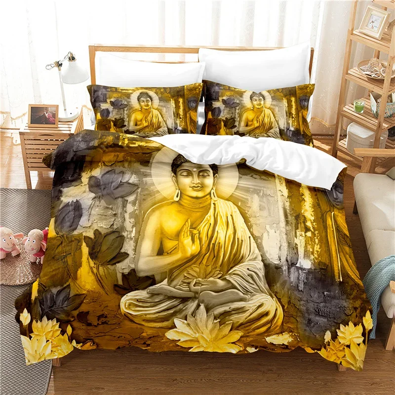 Buddha Statue Duvet Cover Set 3D Digital Printing Gold Queen King Size Bedding Set For Kids Boys Girls Polyester Comforter Set