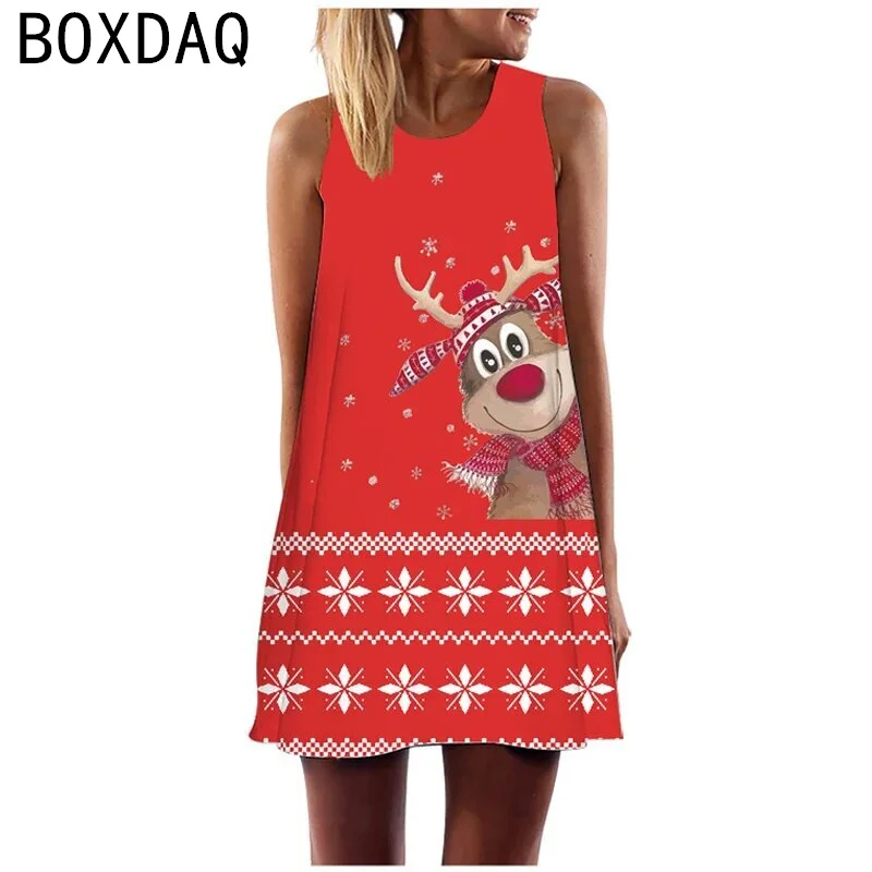 Christmas Elk Theme Print Dress Women Fashion Sleeveless Party Dresses Big Size 3XL Female Tank Mini Dress Vestidos De Mujer