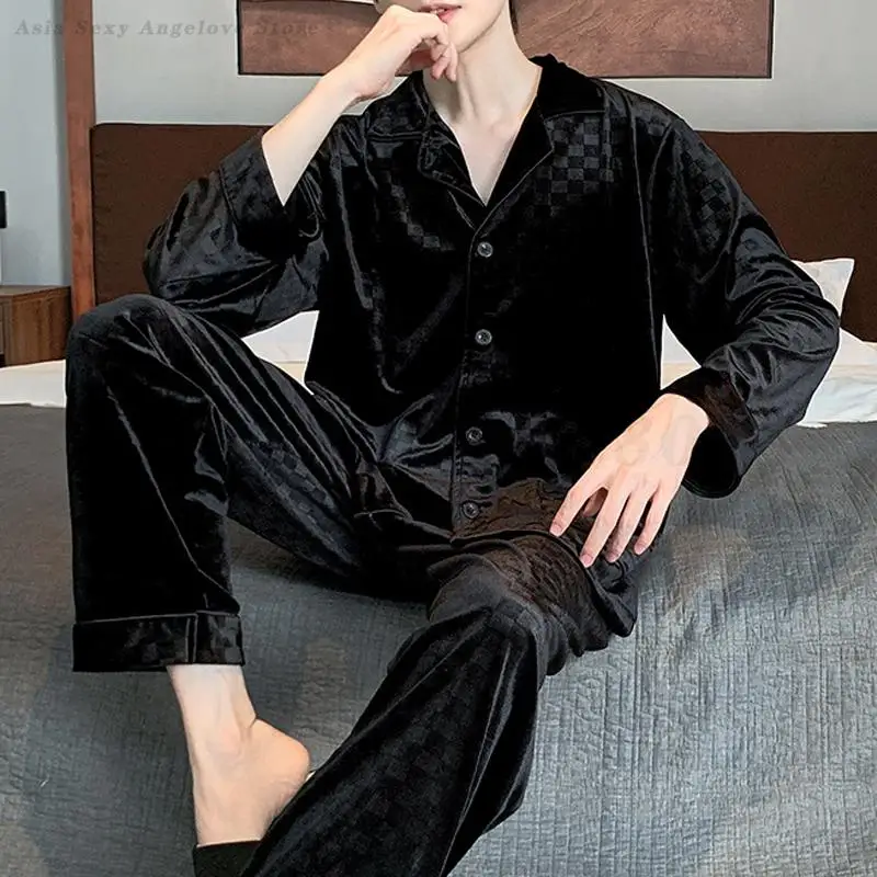 Men's Plus Size Pajamas Set Black Velvet Checkered Sleepwear Loose Casual Home Wear Spring Autumn Velour Loungewear Pijama Mujer