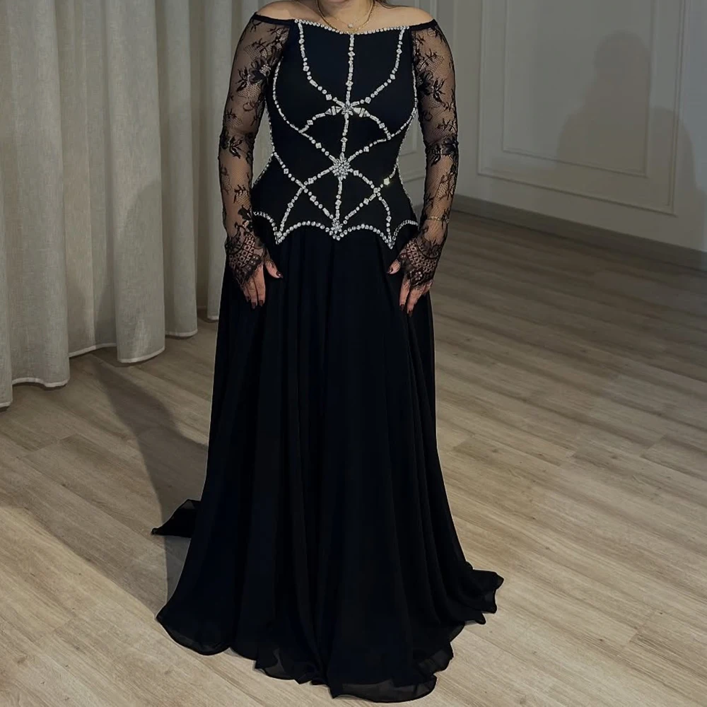 

Customized Mermaid Evening Dresses Floor-length Off The Shoulder Full Sleeve Prom Gown Fsahion Crystal Lace Draped Party Gown
