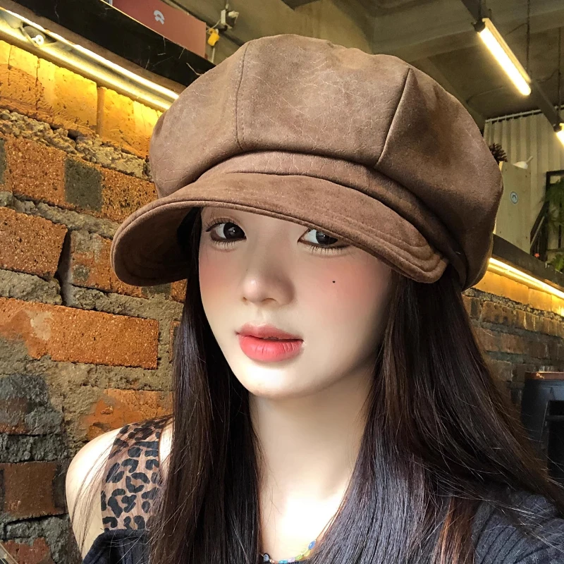 

British Style Retro PU Leather Cloud Berets Cap for Women Spring Autumn Versatile Elegant Niche Show Face Small Painter Hats