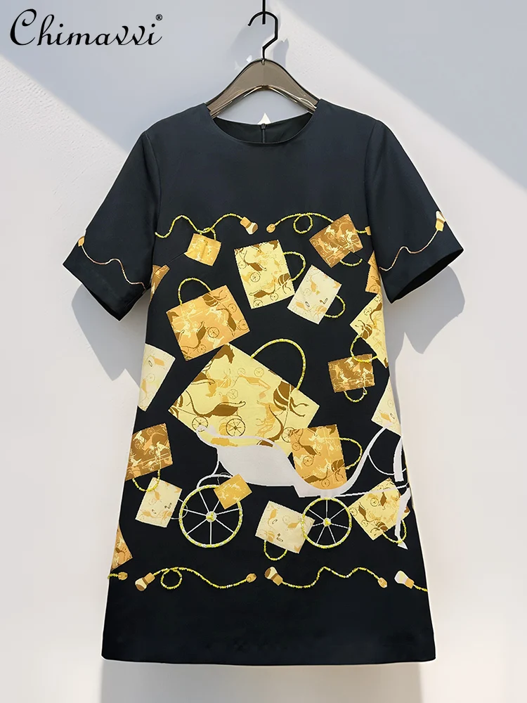 

French Elegant Heavy Industry Beads Fashion Printed Crew Neck Short Sleeve Casual Luxury Temperament Socialite Party Dress Women