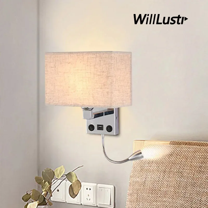 

Fabric Wall Lamp LED Reading Light Iron Sconce Hotel Aisle Corridor Living Room Bedside Modern Metal Lighting With USB