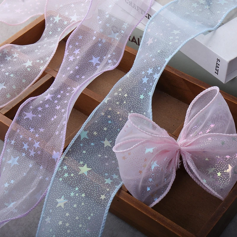 50Yds Silver Powder Snowflake Printed Organza Stain Ribbon for DIY Crafts Hair Accessories Gift Box Packaing Materials