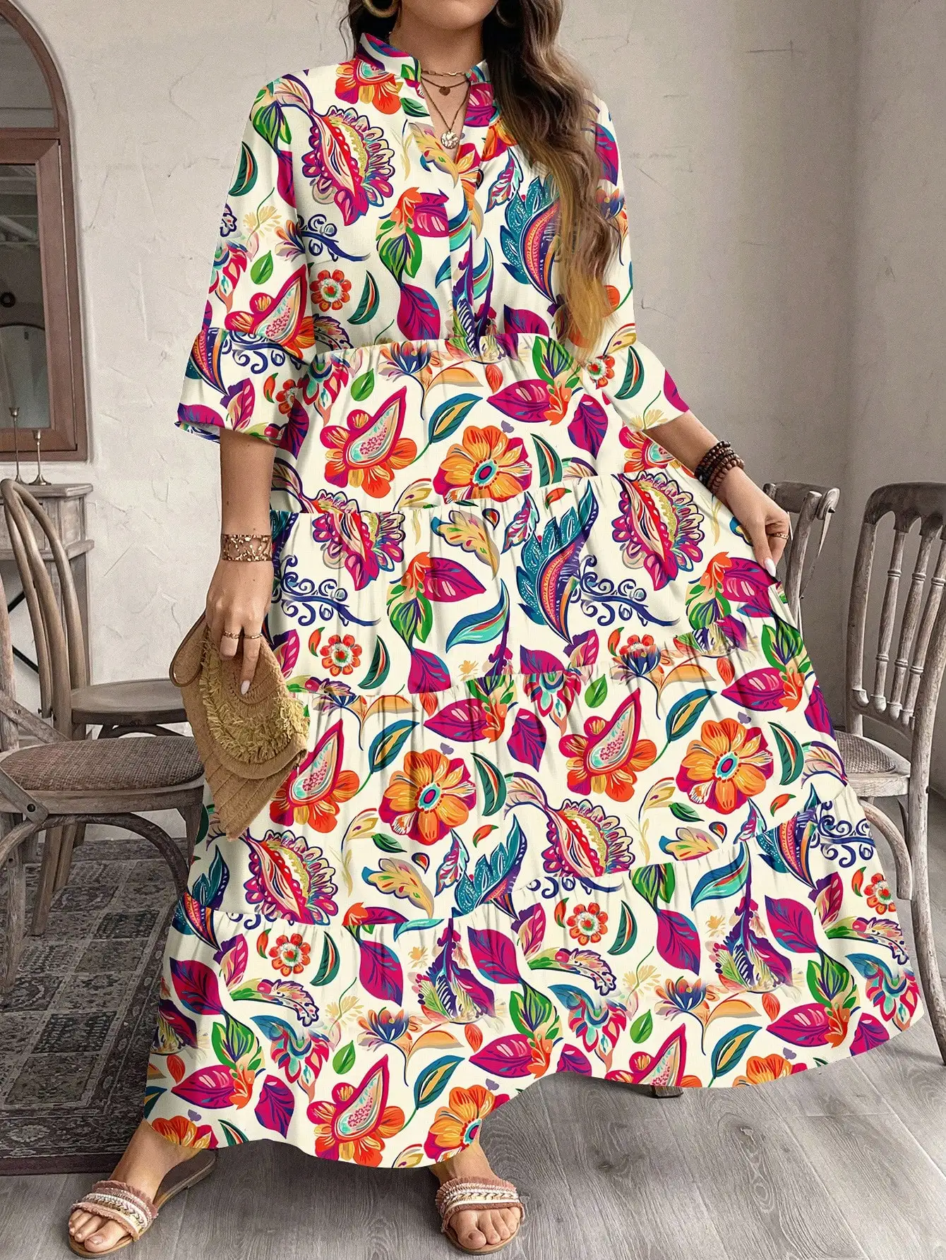 

Элегантное повседневное платье с цветочным принтом и оборками для женщин в богемном стиле, лето-осень