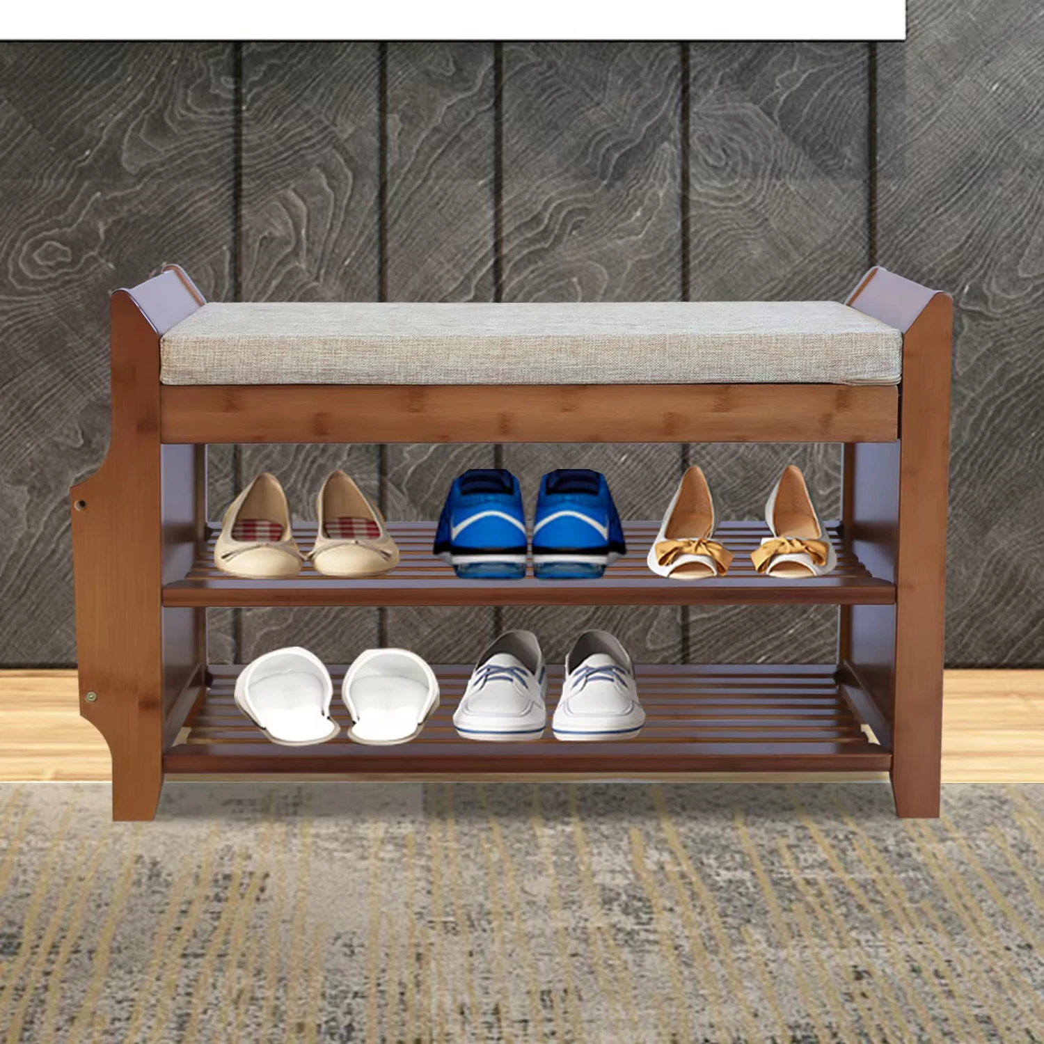 2-Tier Entryway Bamboo Shoe Bench with Seat Removable Cushion Shoes Rack Organizer  Cabinet Shelf