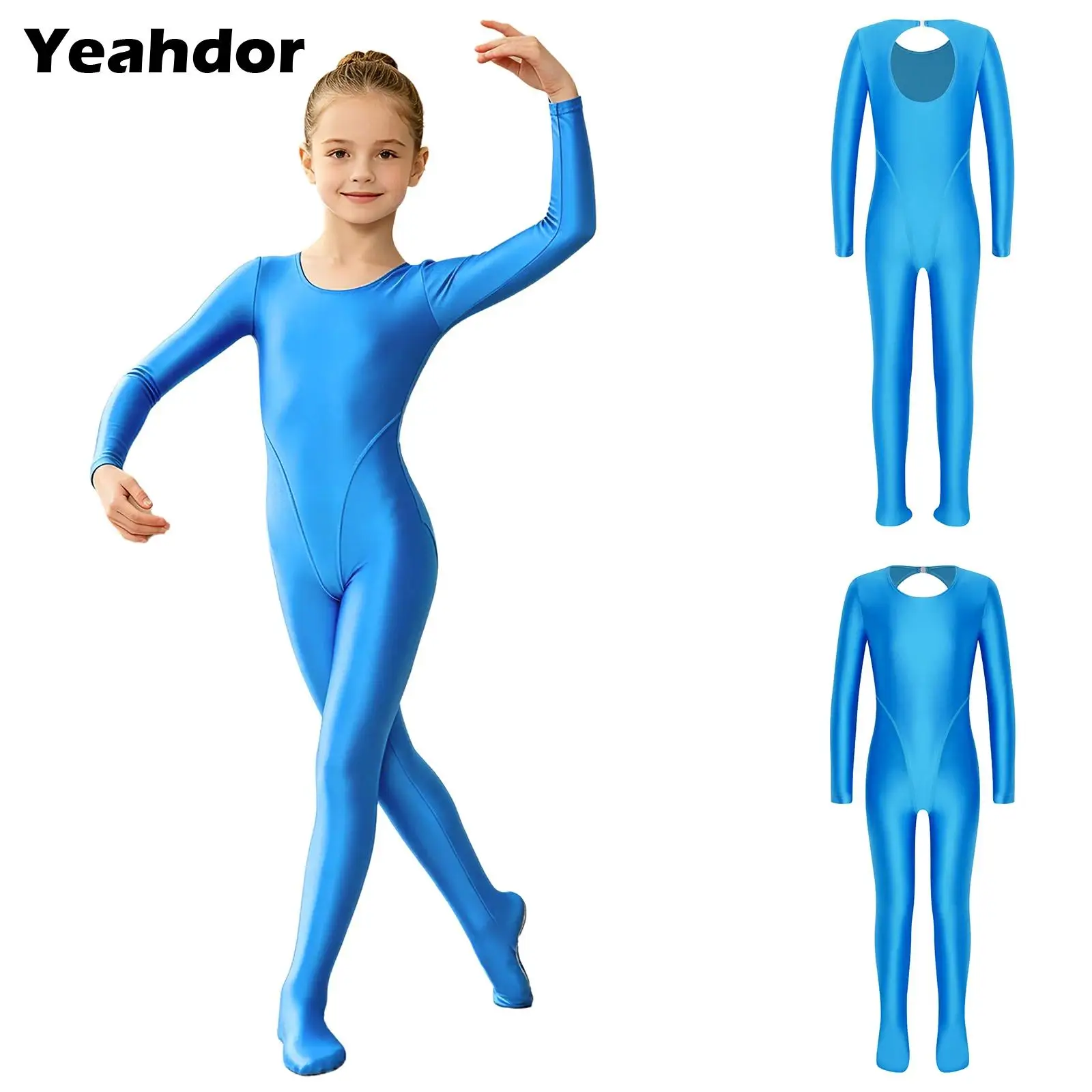 

Kids Girls Shiny Glossy Footed Jumpsuit Long Sleeve Keyhole Back Full Length Athletic Bodysuit Gymnastics Dance Rompers