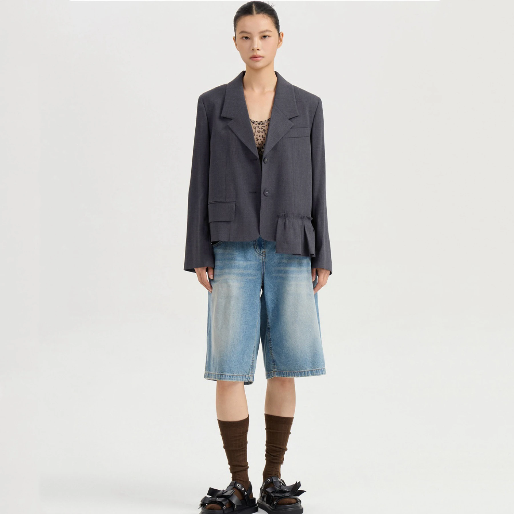 

Faionable Commute Sle Lemon Cheese ort Woolen Jaet Ladies' Loose Fit Button up Pure Color Embellied Coat