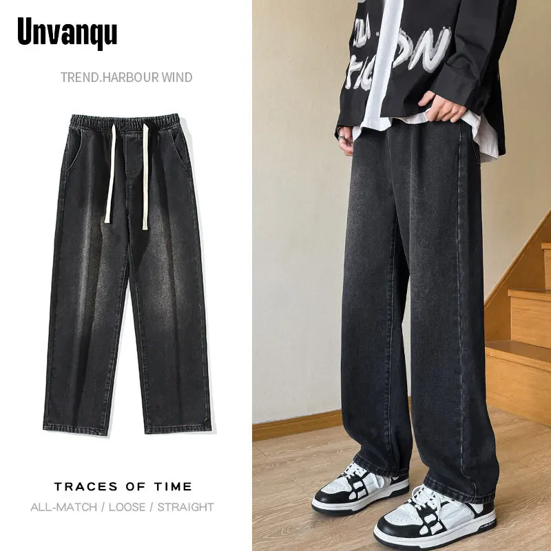 

UNVANQU Wide Leg Pants 2023 Streetwear Baggy Jeans New Summer Men Korean Fashion Loose Straight Male Brand Clothing Black Blue