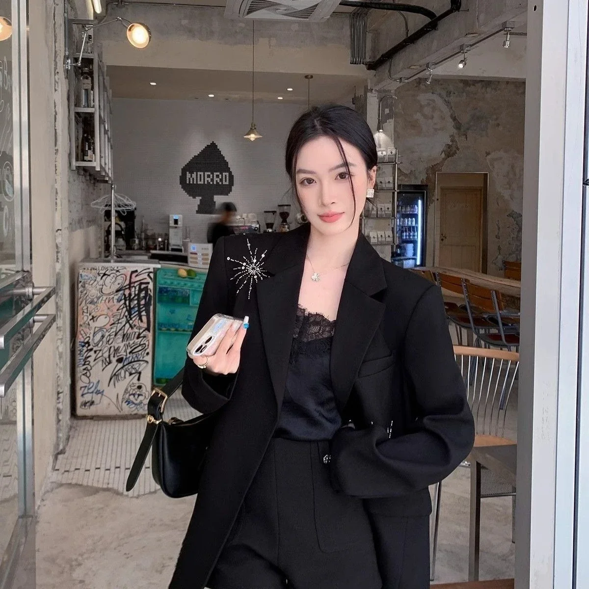 Black Rhinestone Blazer Women 2026 Spring Autumn Loose Fit Elegant Embellished Suit Jacket