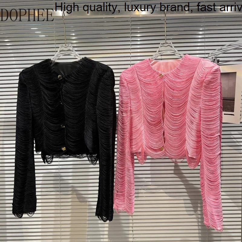 

New Fashion 2023 Lady Autumn Clothes Elegant Line Tassel Shoulder Pad Suit O-neck Long Sleeve Age Reduction Pink Blazer Coat