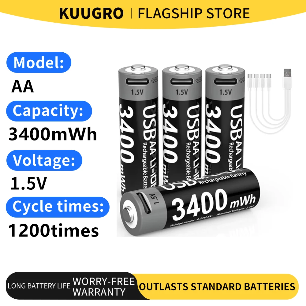 Kuugro USB AA 1.5V 3400mwh Lithium Rechargeable Battery Type-C Charging For Microphone Remote Control Mouse Smart Door Lock