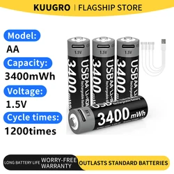 Kuugro USB AA 1.5V 3400mwh Lithium Rechargeable Battery Type-C Charging For Microphone Remote Control Mouse Smart Door Lock