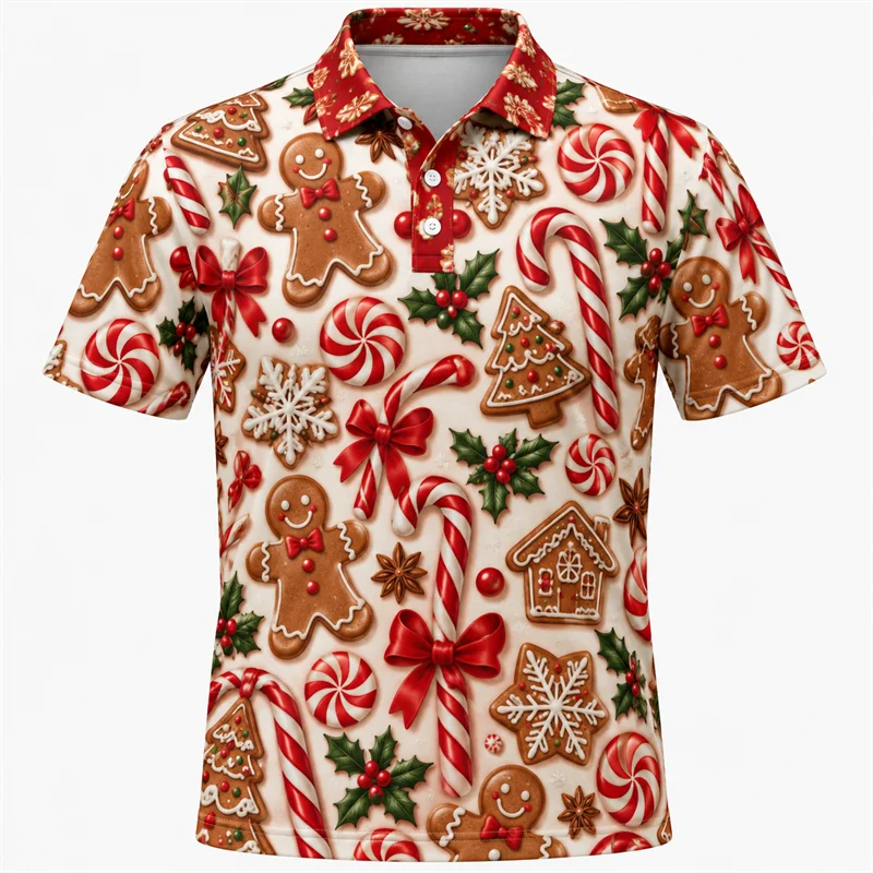 Christmas Polo Shirt for Men Short Sleeve Santa Gingerbread Plaid Snowflake Print Casual Holiday Party Top