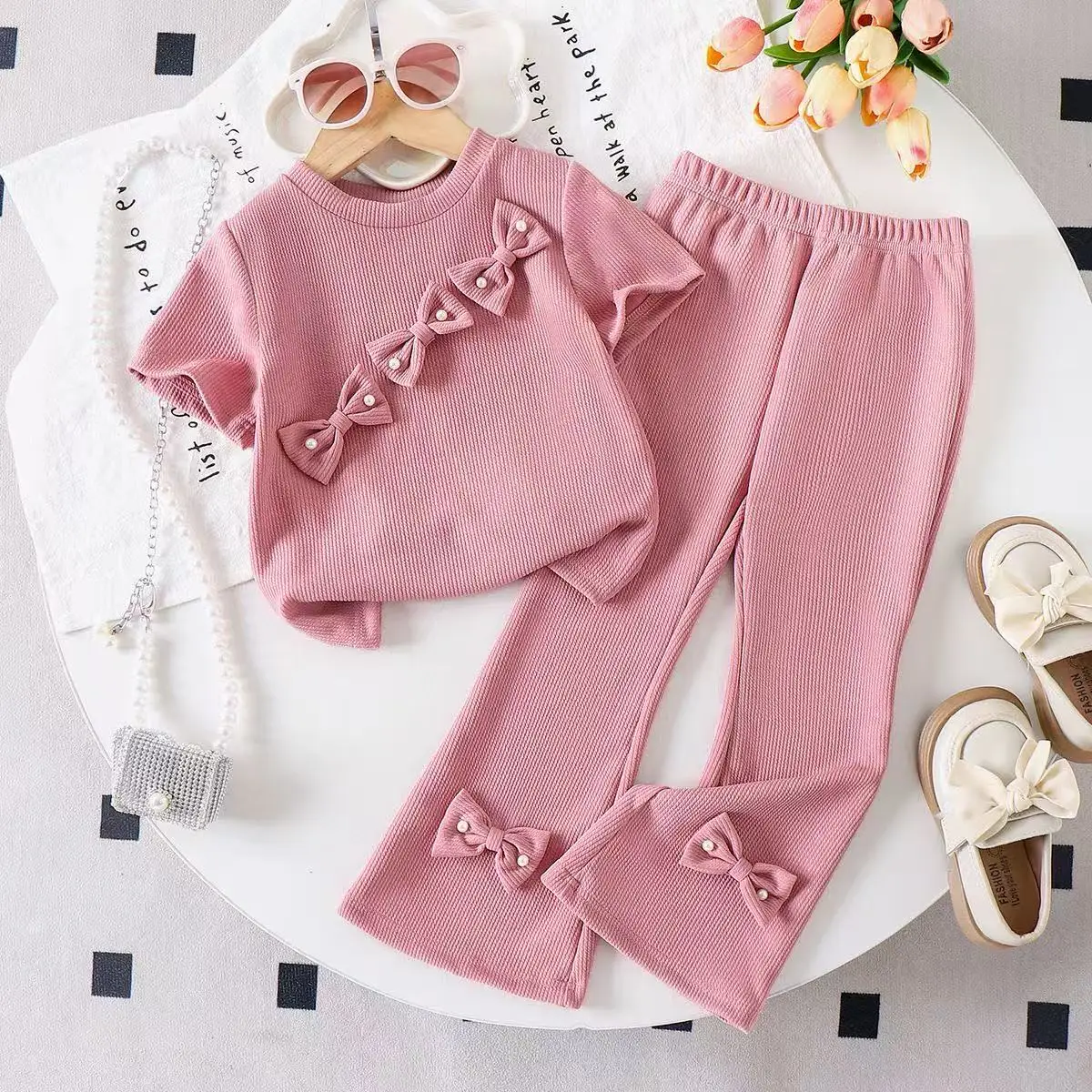 

2026 New Summer Casual Pink Ribbed Top & Pearl Bow Long Pants 2 PCS Set Korean Style Girls Outfit for 4-7Y