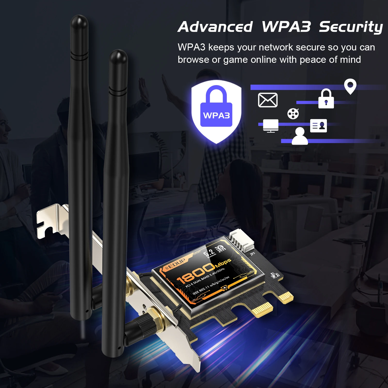 EDUP 9655 AX1800 WiFi6 Bluetooth 5.2 PCI-E بطاقة الشبكة محول شرائح قوي مع هوائيات 2 * 6dBi لنظام التشغيل Windows 10 و Linux