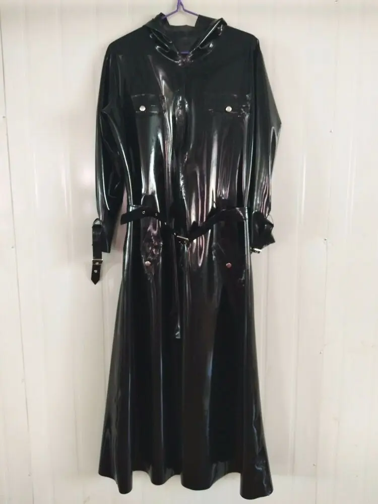 100% Latex Rubber Long Coat Trench Windbreaker Hood Black Catsuit 0.4mm S-XXL