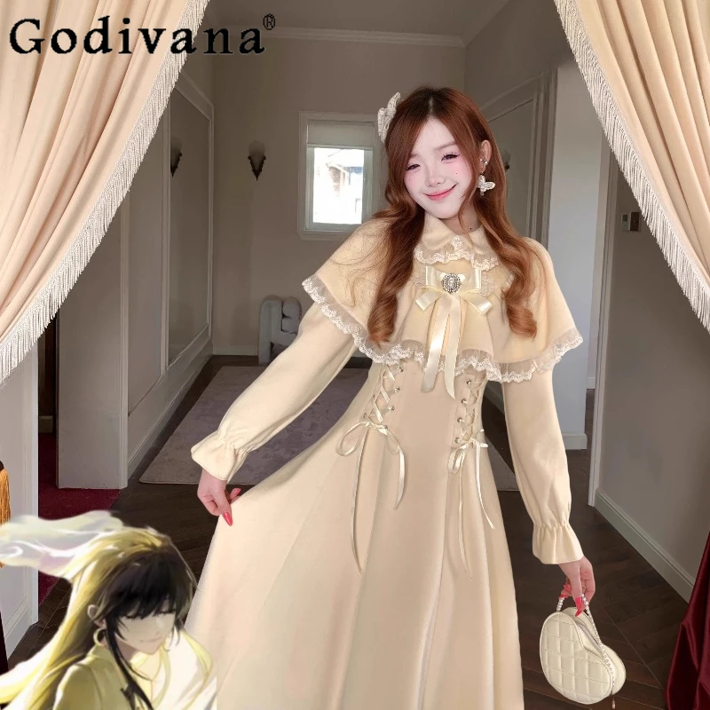

Clear Style Sweet Japanese Dress for Women Princess Style Cute Gentle Long Dress Female High Street Bow Lace Design Dress
