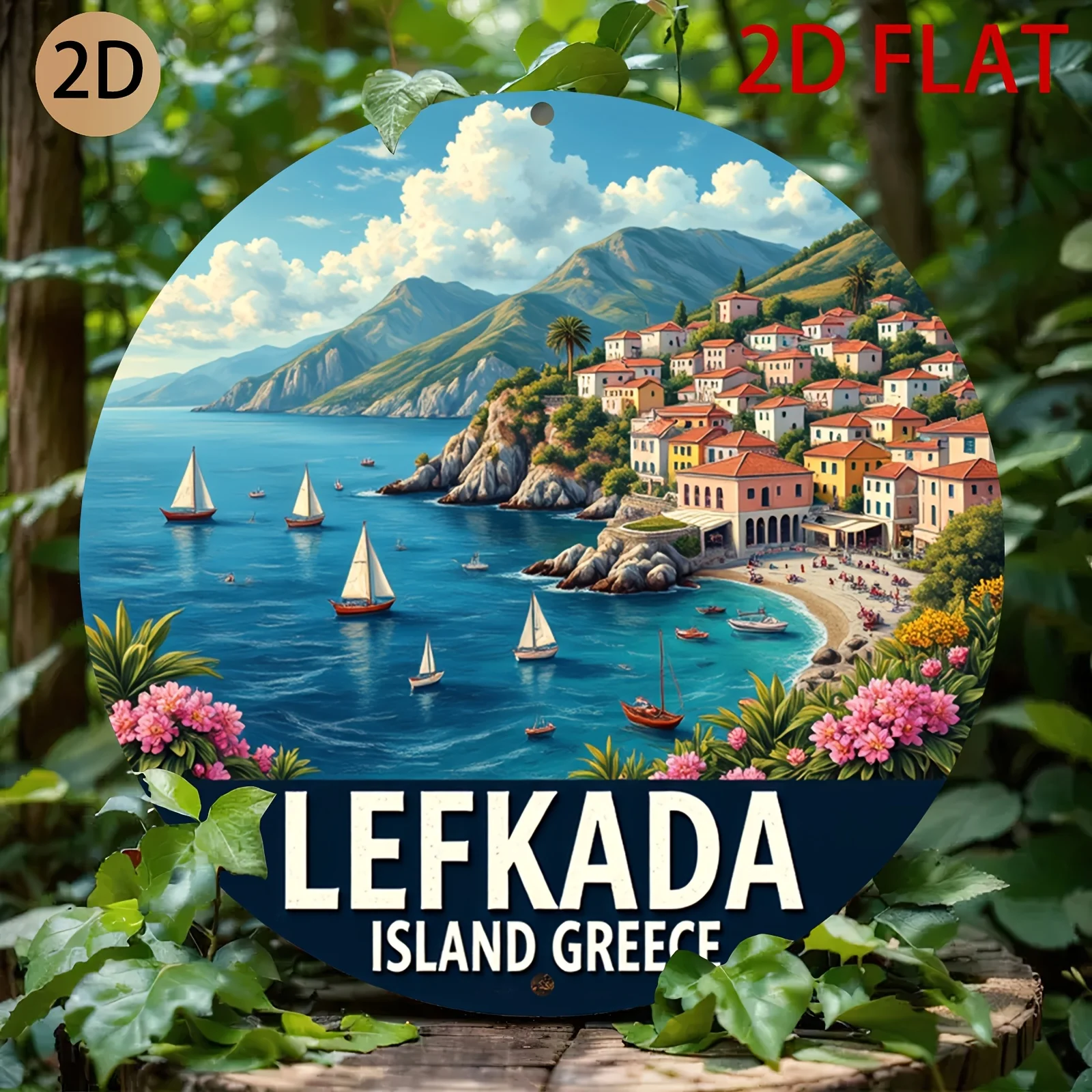 HD Tin Sign, Lefkada Island Greece Coastal Town Round Metal Wall Art, Travel Landscape Decor for Home Office