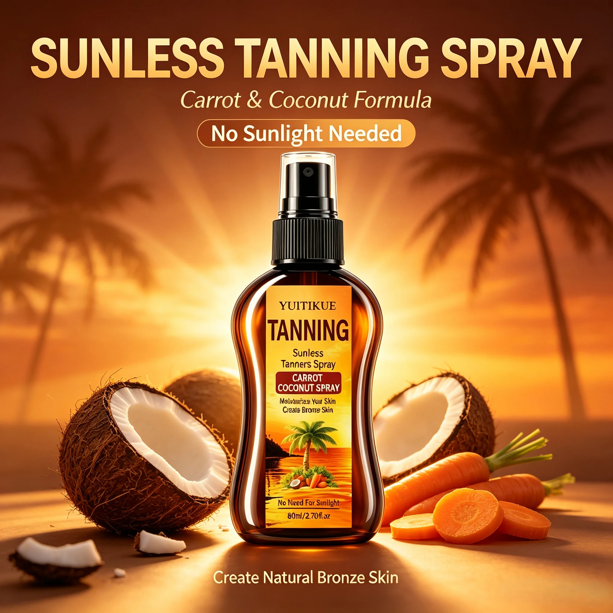 YUITIKUE 80ml Self Tanning Spray Carrot Coconut Extract Sunless Formula Nourish Body Skin Get Long Lasting Natural Bronze Tan