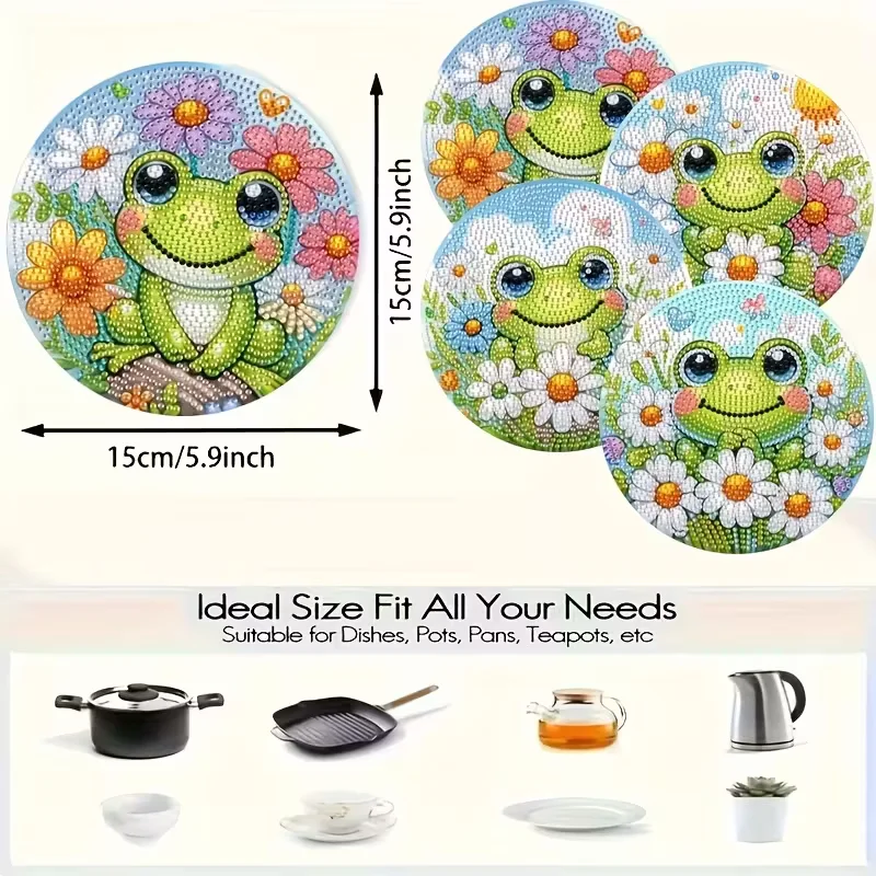 4-Piece Frog Patterned Wooden Diamond Dining Mat Set, DIY Crystal Diamond Art Insulated Table Mat, Mosaic Handmade Set, Without view 4