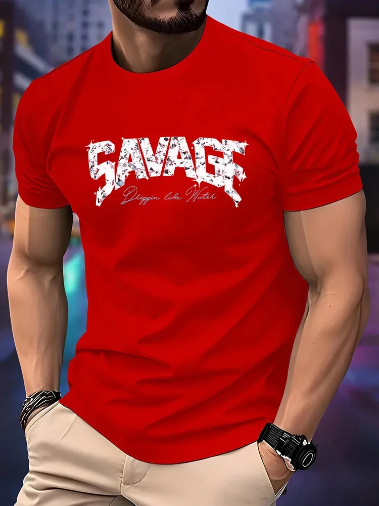 Men's Savage Letter T-Shirt Glitter Diamond Print O-Neck Short Sleeve Casual Hip Hop Streetwear Graphic Tee Tops