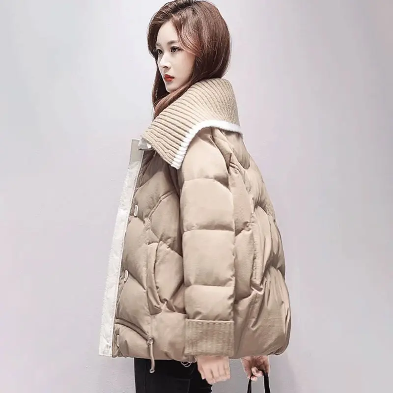 Korean Down padded jacket women 2025 new winter Parkas loose Knit collar splicing short thick Warm cotton coat Female tide T611